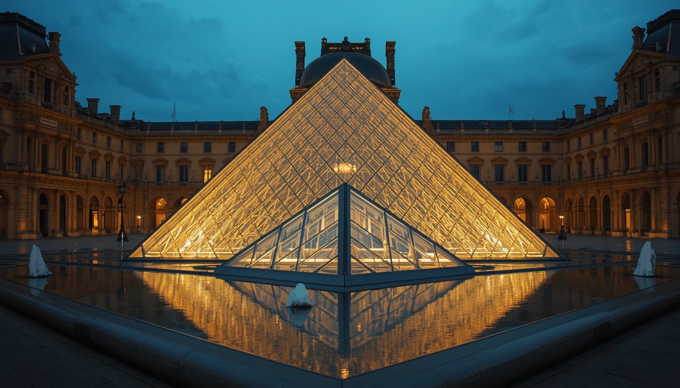 The Louvre glass pyramid at dusk