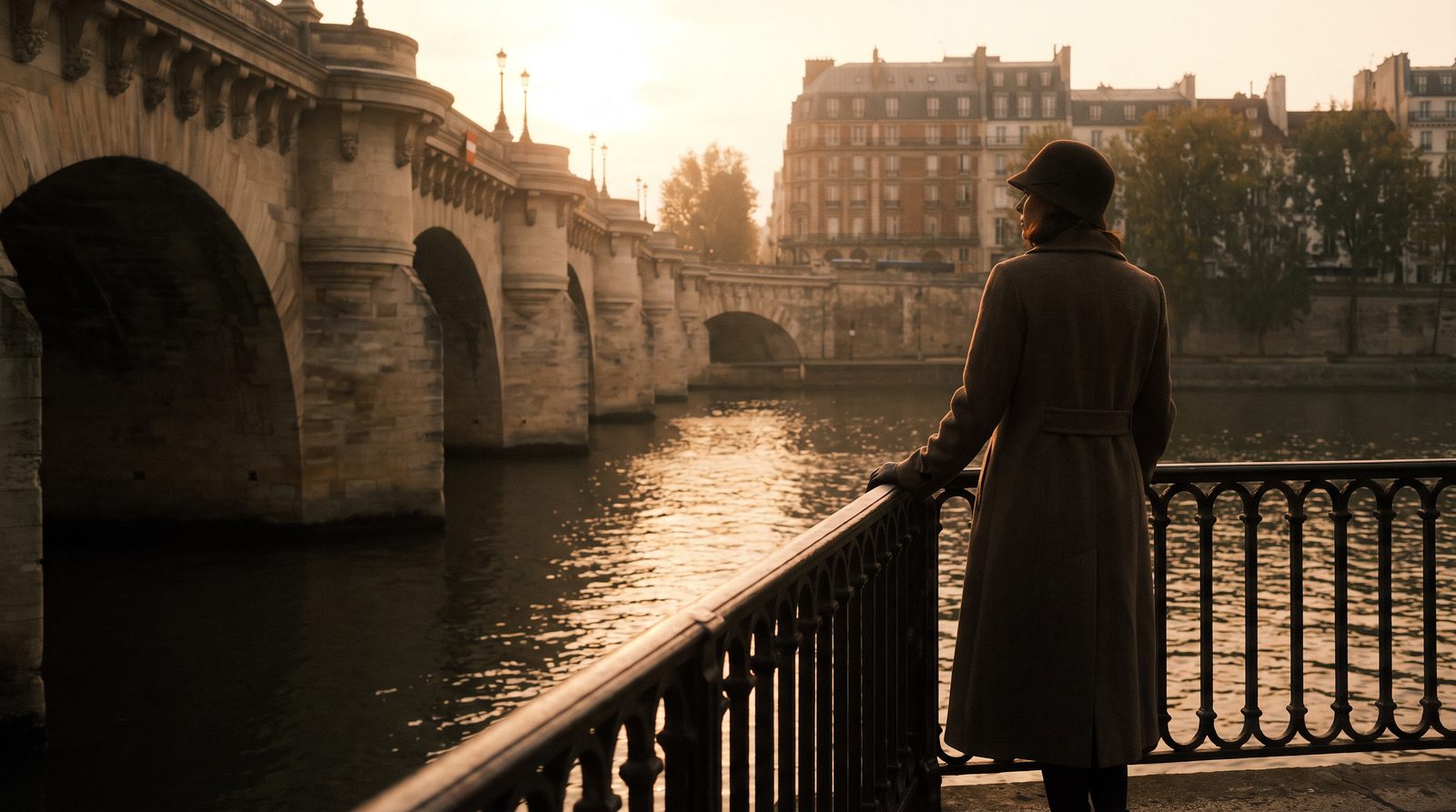 A woman by the Seine at dusk